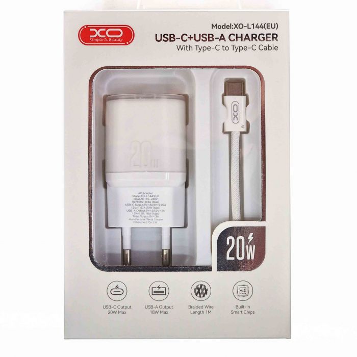 Зарядное устройство XO набор (блок + кабель ) - 20W Type-C + 18W USB